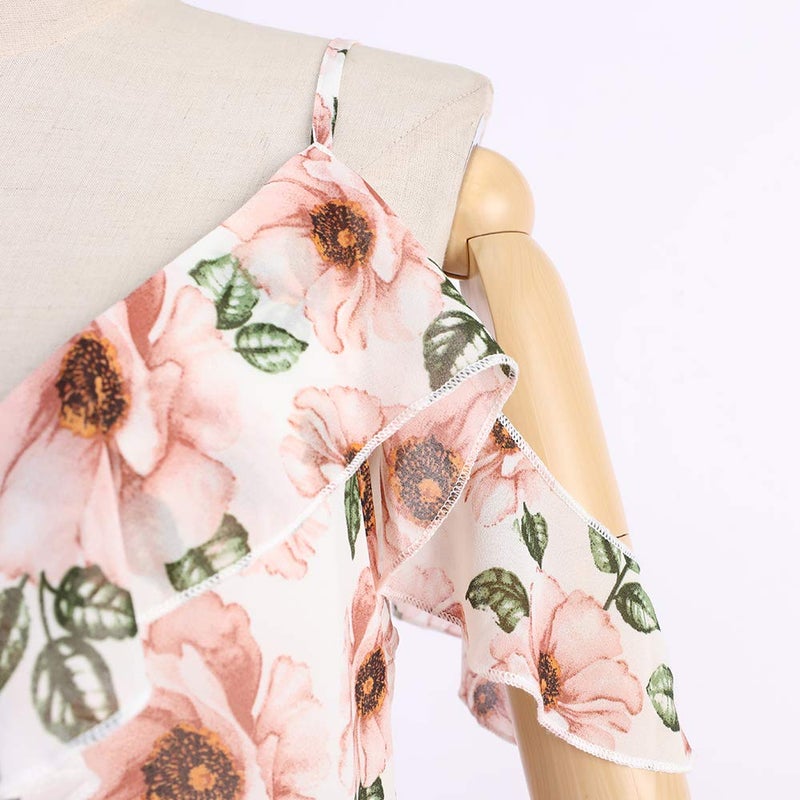 PopReal Mommy and Me Dresses Floral Print Cold Shoulder Ruffle Backless Strap Romper Beach Midi Dress Summer - Image 5